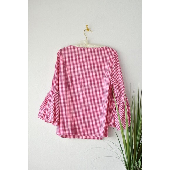 jane and delancey top Woman's L Pink Gingham Checkered Ruffle Sleeve Summer - Picture 4 of 7